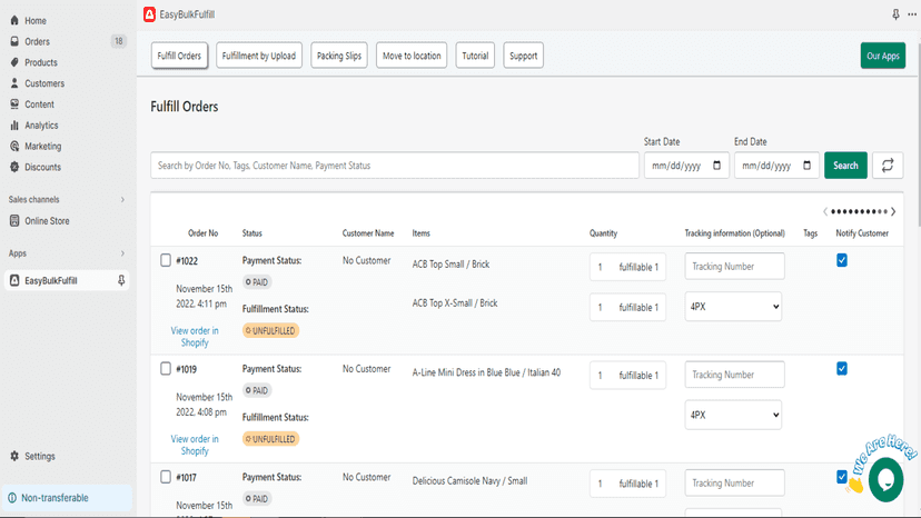 Bulk Fulfill Orders page