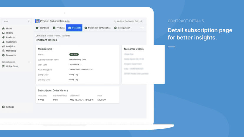 Webkul Product Subscriptions Contracts page
