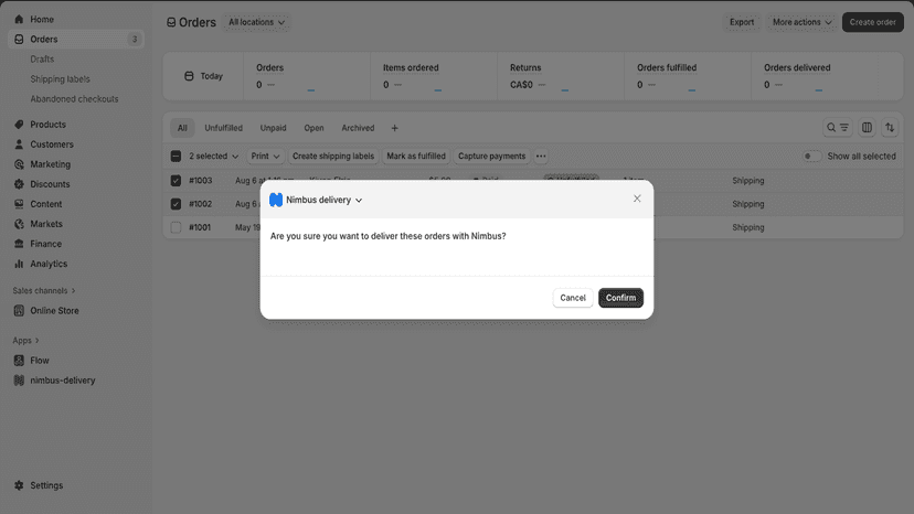 select your orders and send them to deliver with nimbus