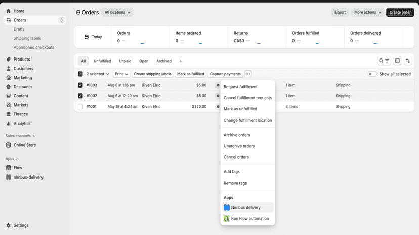 select your orders and send them to deliver with nimbus