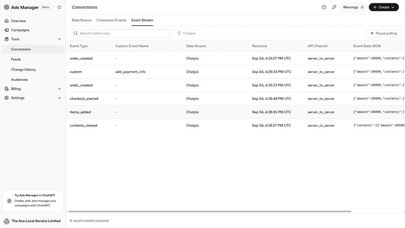 The six tracked events arriving in OpenAI Ads Manager