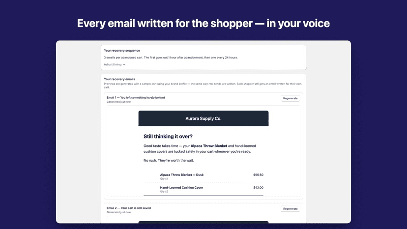Emails page with sequence cadence and AI branded previews