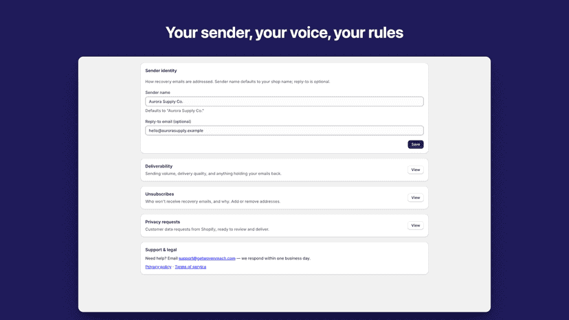 Settings page with sender identity and privacy controls