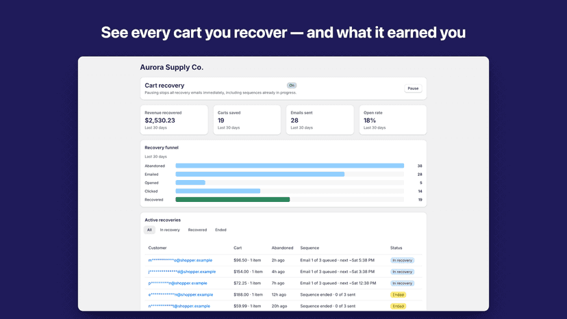 Dashboard with recovered revenue, recovery rate, and carts