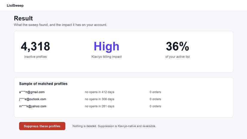 Result card showing inactive count and billing impact