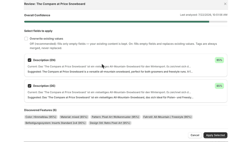 Every field scored; apply only the changes you approve