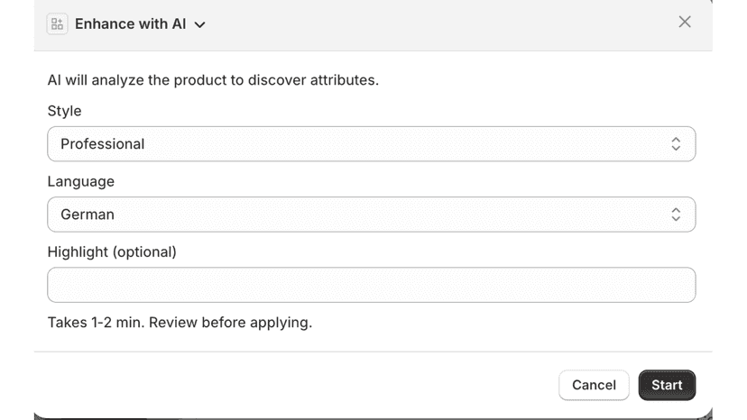 Enhance a product in one click; choose tone and language