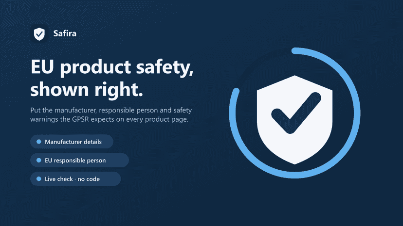 Safira banner: EU GPSR product-safety details on product pages