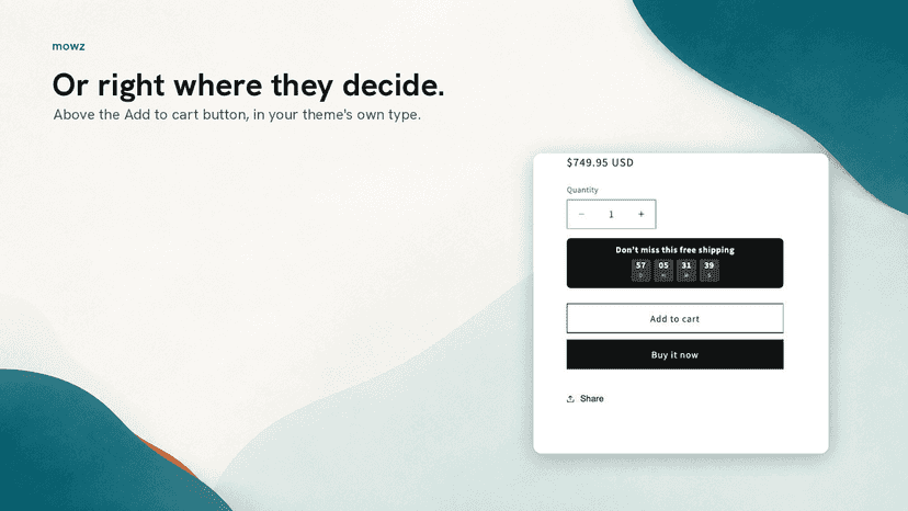 Mowz countdown timer above Add to cart on a product page