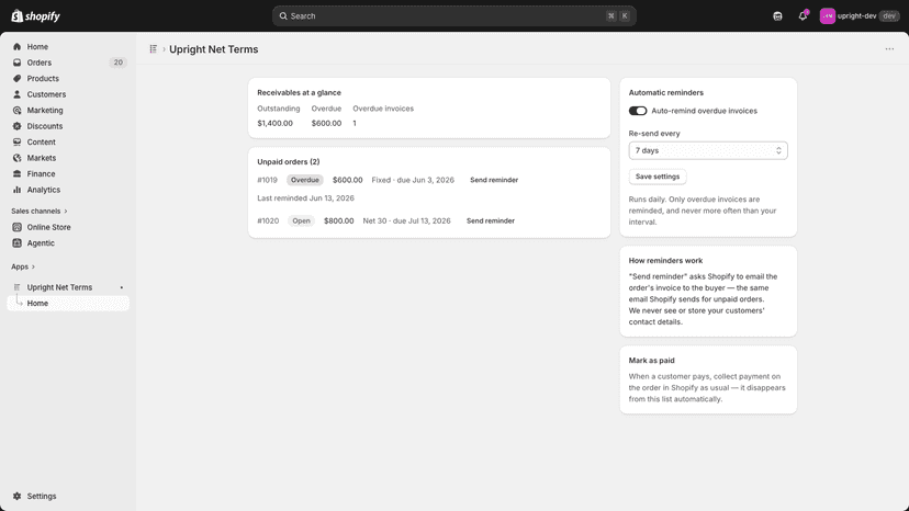 Upright Net Terms dashboard with unpaid net-terms orders