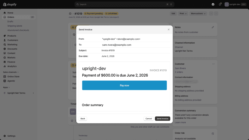 Customer invoice with a Pay now button for the order