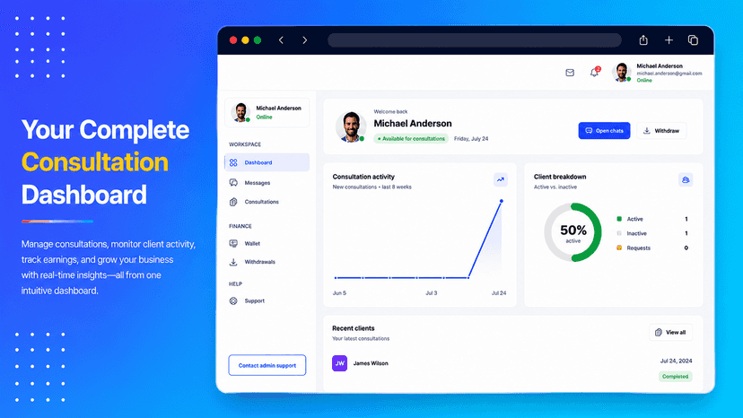 Consultant dashboard with earnings activity and analytics