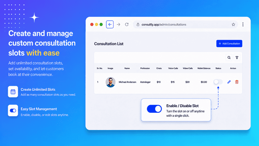 Manage consultants and consultation pricing from one place