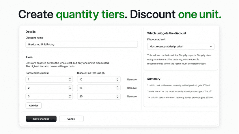 Create quantity tiers and discount one unit with custom pricing
