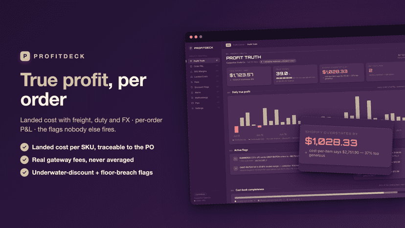 ProfitDeck: true profit per order — dashboard and overstate card