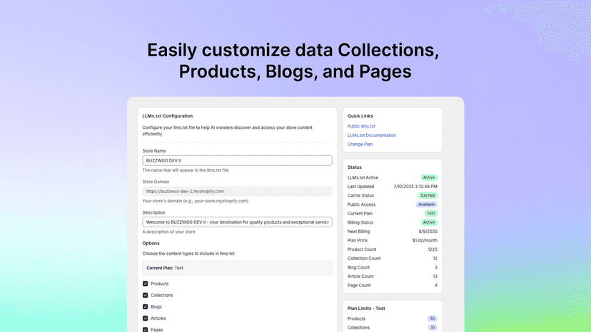 Page showing content customization options for an LLMs.txt file