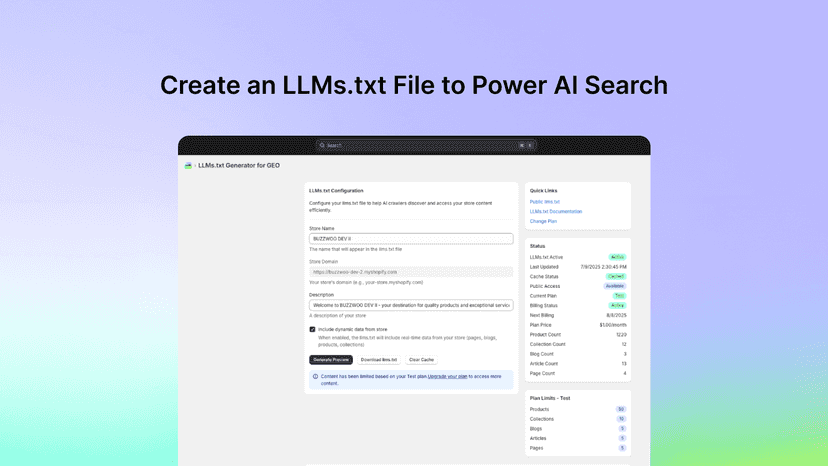 Configuration page with options for LLMs.txt generation