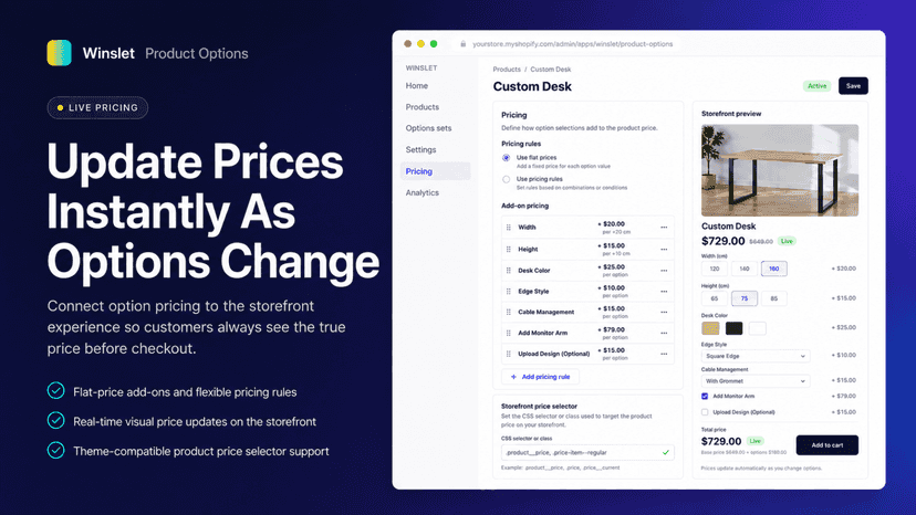 Pricing tab showing option add-on pricing and price selector