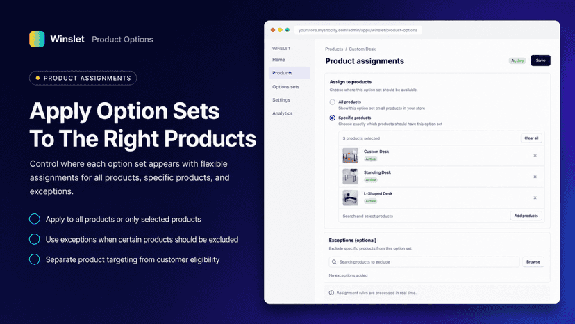 Product assignments screen targeting specific products