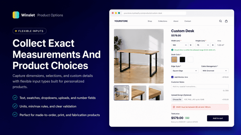 Storefront product page collecting measurements and choices