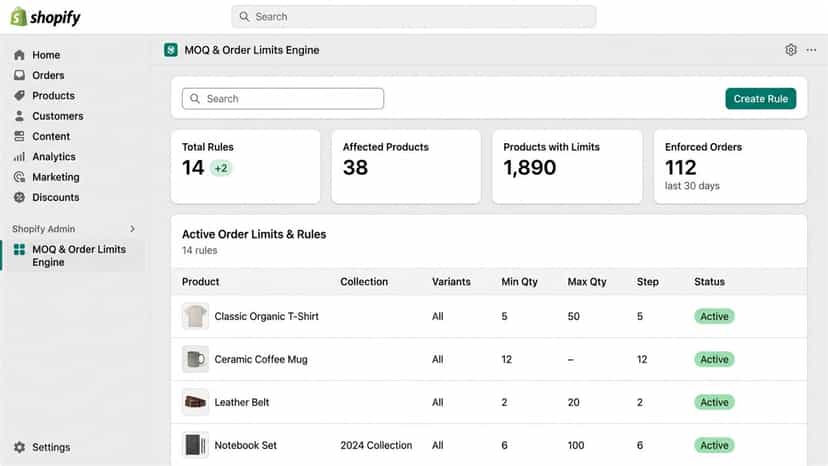 MOQ dashboard showing active order limits and product rules