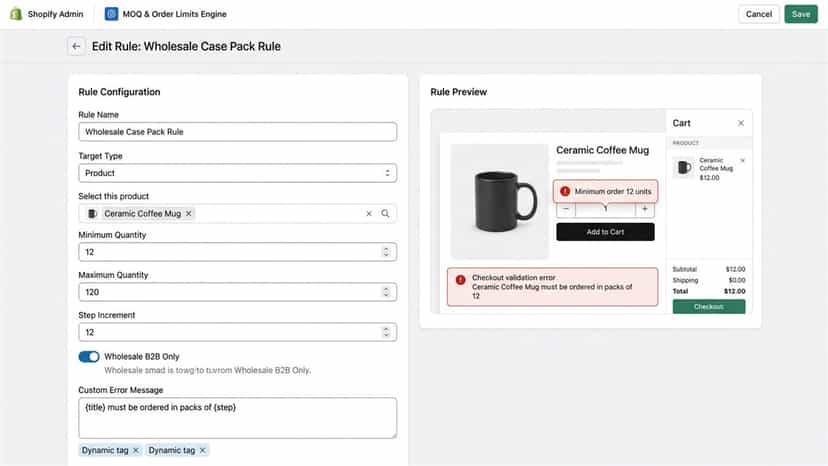 Rule editor with MOQ, max limits, case packs, and live preview