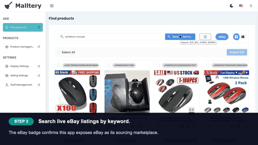 Search live eBay listings in Malltery
