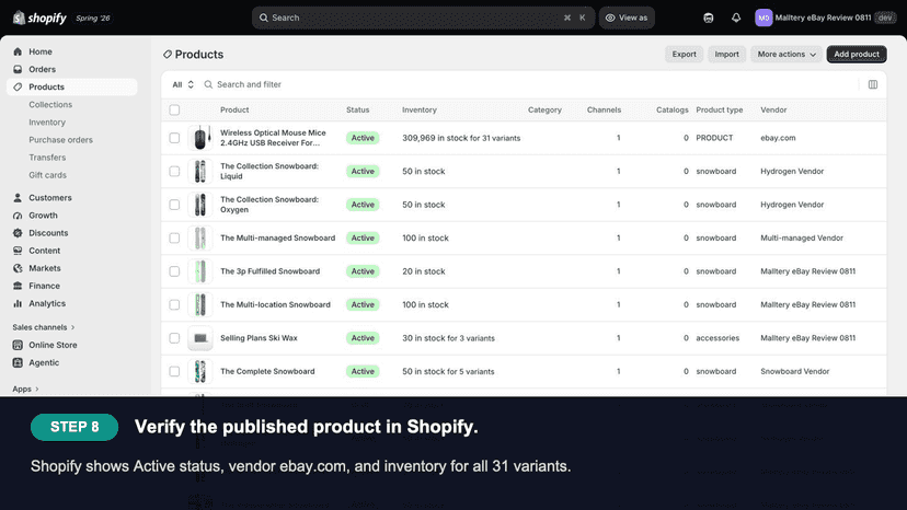 Published eBay product visible in Shopify