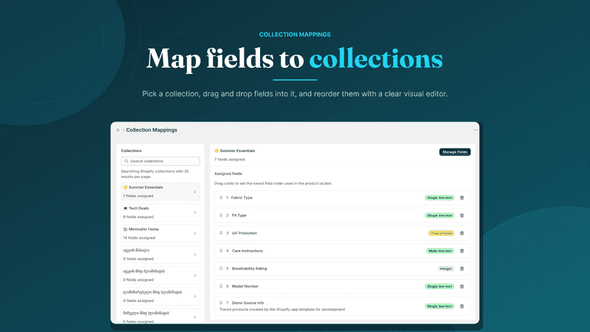 Drag and drop interface for assigning fields to a collection