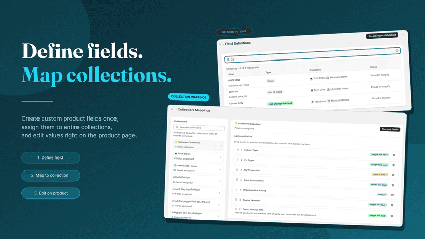 Define custom product fields and map them to collections