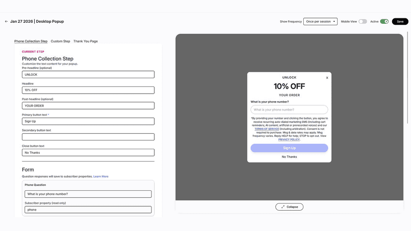 Popup editor for collecting phone numbers and consent