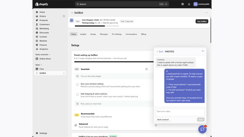 Storefront showing the SellBot chat widget open