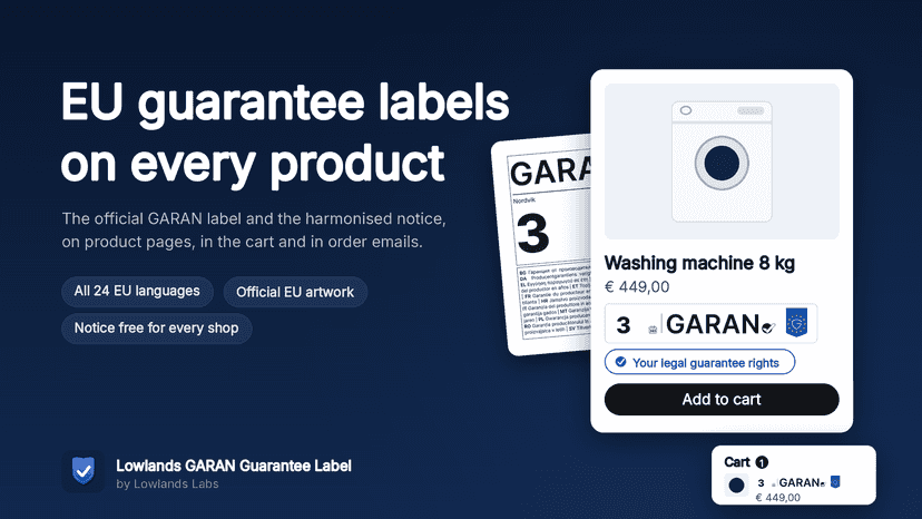Official GARAN label and EU guarantee notice in a Shopify store