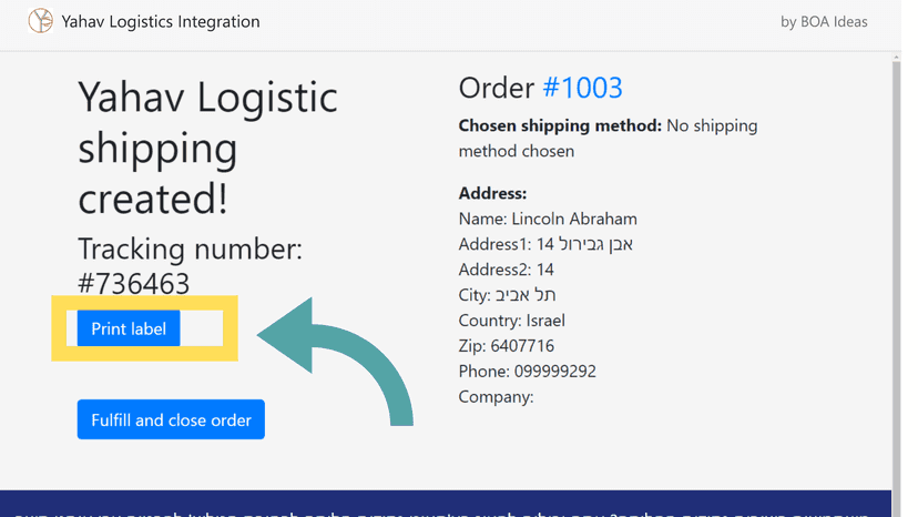 Print label with Yahav Logistics tracking number