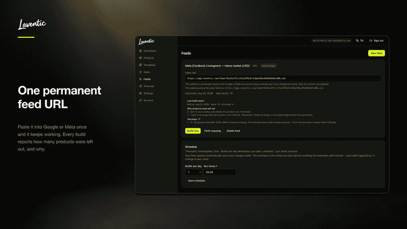 Feed screen with its permanent URL and the last build report