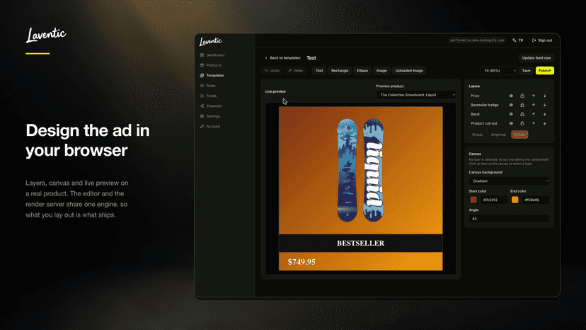 Template editor drawing a styled image with price and badge