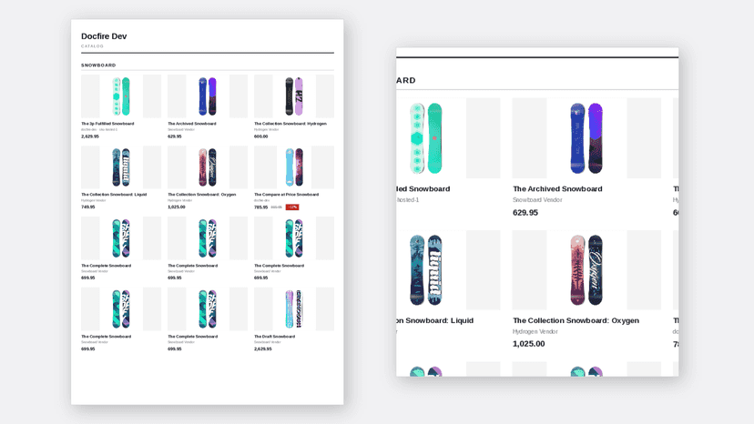 A catalogue page with product photos grouped by collection