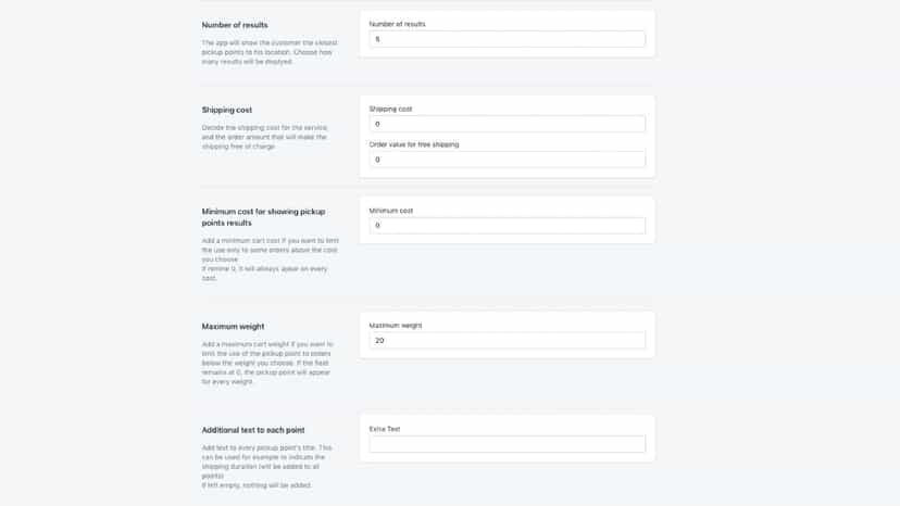 Pickup point app settings