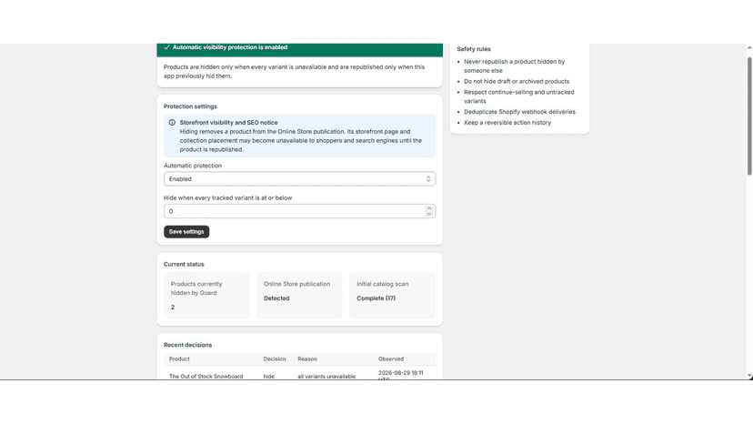 Decision history showing a sold-out product hide