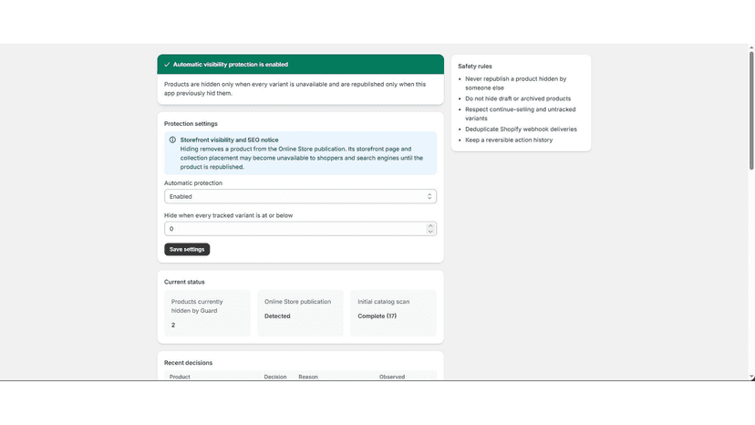 Automatic visibility protection status and safety rules