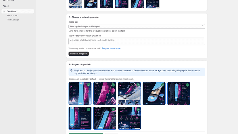 Description images generated as one coordinated set