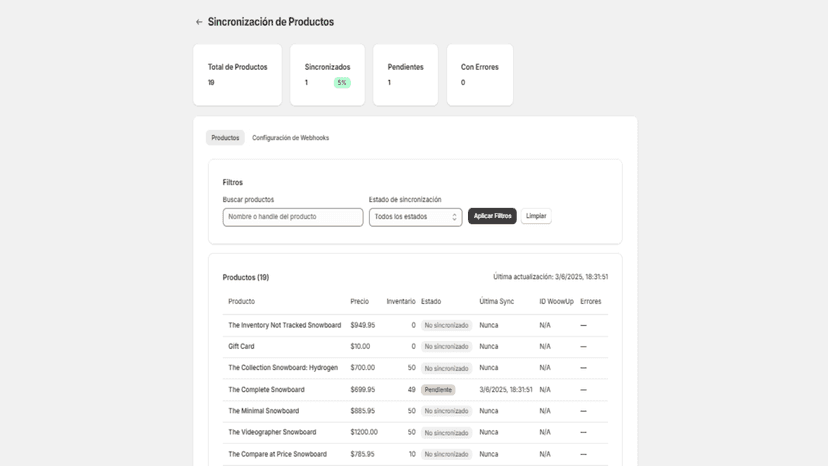 Sincronización de productos