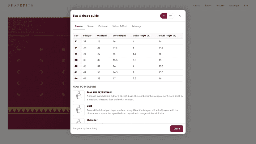 Blouse size chart open on a product page
