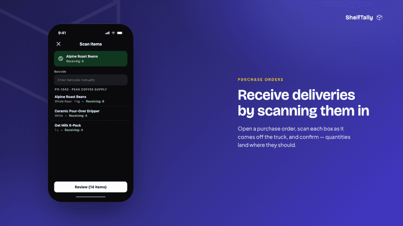 Receiving a purchase order by scanning items in POS