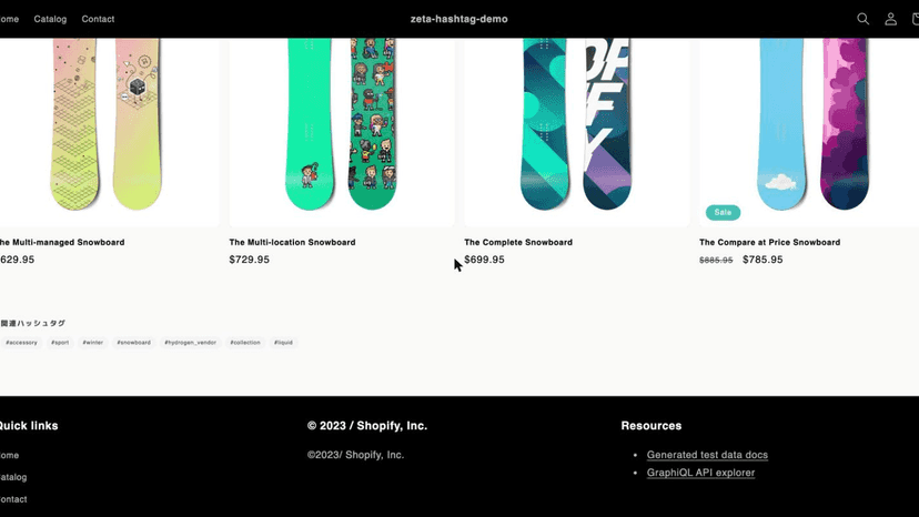 Product page with the ZETA HASHTAG hashtag list and clickable ta