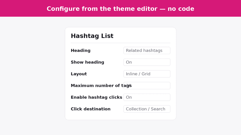 Adding the Hashtag List block to a product template