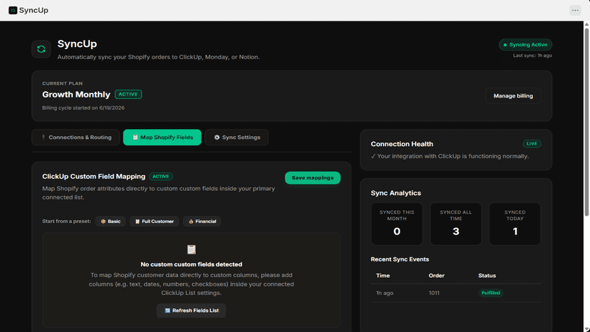 Map Shopify fields to project management board columns in second