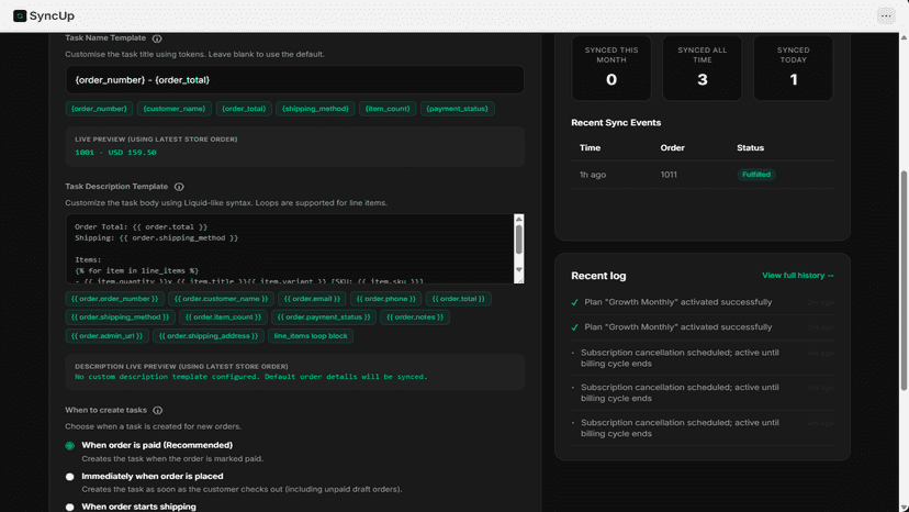 Configure sync rules and custom settings for order task updates