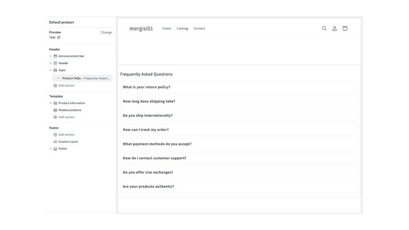 Generated FAQs displayed on Shopify product page with expandable