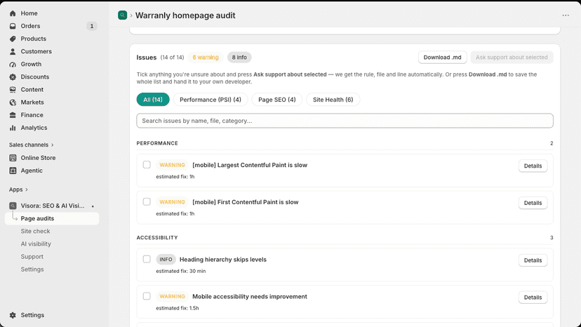 The issues found, filtered by category, exportable as Markdown